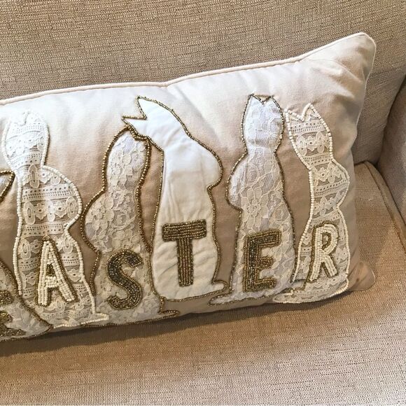 Bella Lux Gold Bead Lace Bunny Appliqué Happy Easter Decorative Accent Pillow - Picture 5 of 11